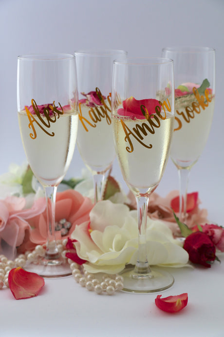 Personalised name on champagne flutes for bridal party, bridal showers, engagement parties, weddings.