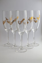 Personalised champagne glasses for the bride, groom, bridesmaids, groomsmen and more